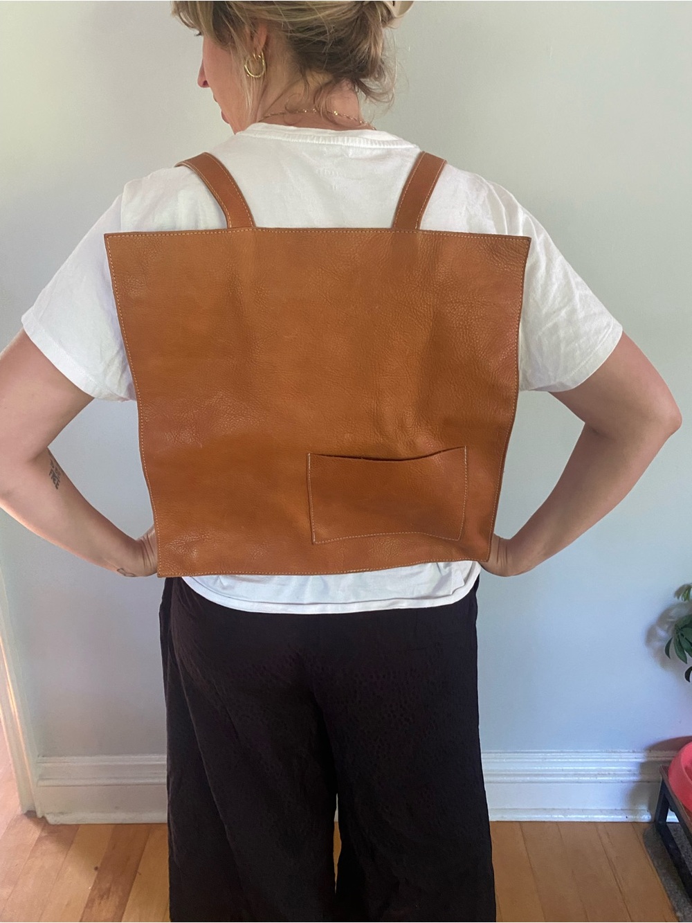Minimal Leather Backpack Tote in Cognac Brown